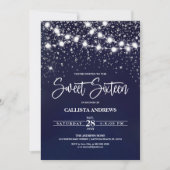 Navy Blue Silver Glitter Sparkles Lights Sweet 16 Kaart (Voorkant)