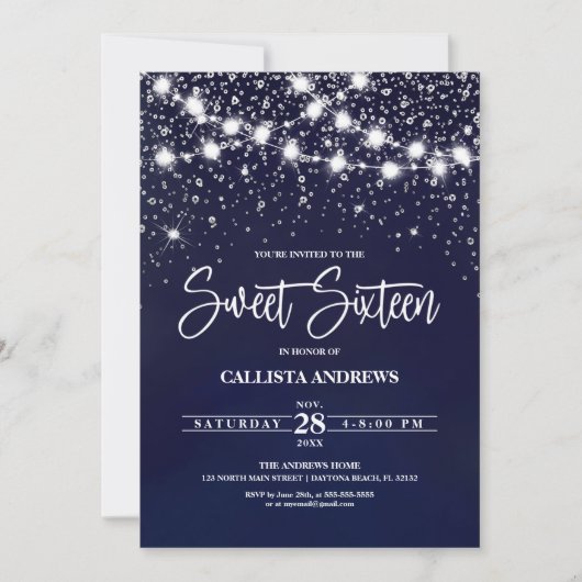Navy Blue Silver Glitter Sparkles Lights Sweet 16 Kaart (Voorkant)