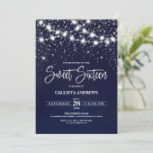 Navy Blue Silver Glitter Sparkles Lights Sweet 16 Kaart (Staand voorkant)