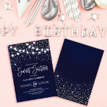 Navy Blue Silver Glitter Sparkles Lights Sweet 16 Kaart<br><div class="desc">Deze majestueuze en glamoureuze liefhebbende uitnodiging van zestien verjaardagsfeestjes is perfect voor het meisje. Het bevat gloeiende ophangende lichtstrengen bovenop faux print zilver sparkly glitter confetti op een blauw abstract marineklein geïnspireerd door sterren aan de nachtelijke hemel. Het is , chic, modern, trendy en cool; het perfecte ontwerp voor de...</div>