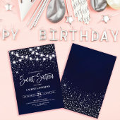 Navy Blue Silver Glitter Sparkles Lights Sweet 16 Kaart