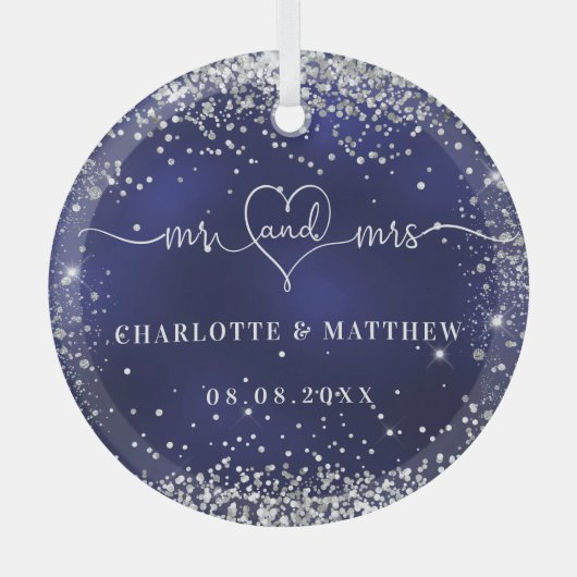 Navy blue Silver Glitter sparkles recent weds Glas Ornament (Voorkant)