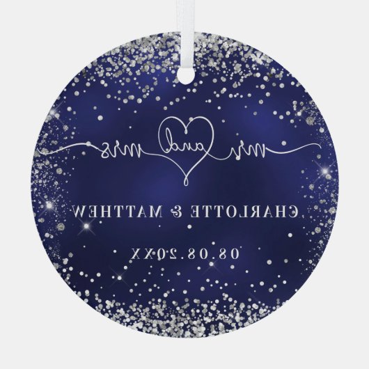 Navy blue Silver Glitter sparkles recent weds Glas Ornament (Achterkant)