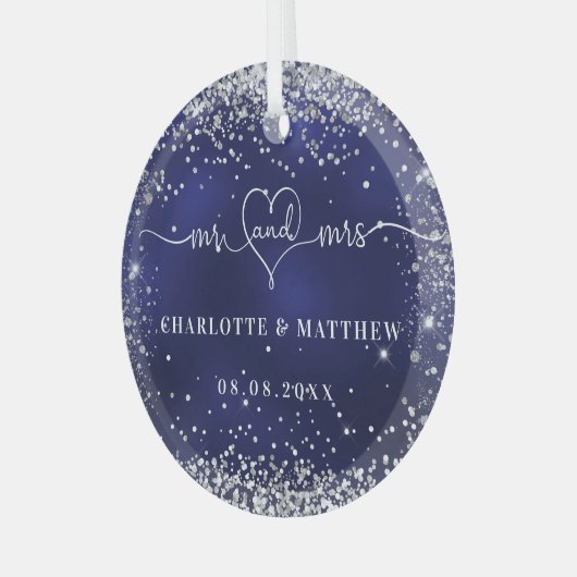Navy blue Silver Glitter sparkles recent weds Glas Ornament (Voorkant links)