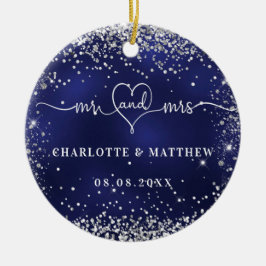 Navy blue Silver Glitter sparkles recent weds Keramisch Ornament