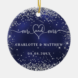 Navy blue Silver Glitter sparkles recent weds Keramisch Ornament