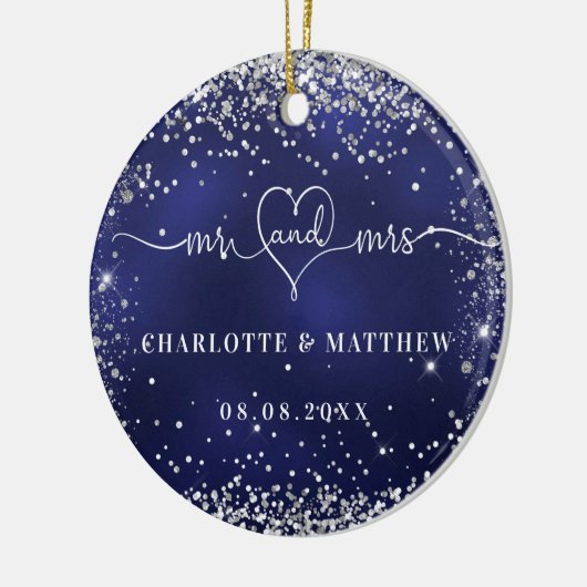 Navy blue Silver Glitter sparkles recent weds Keramisch Ornament (Links)