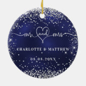 Navy blue Silver Glitter sparkles recent weds Keramisch Ornament (Achterkant)