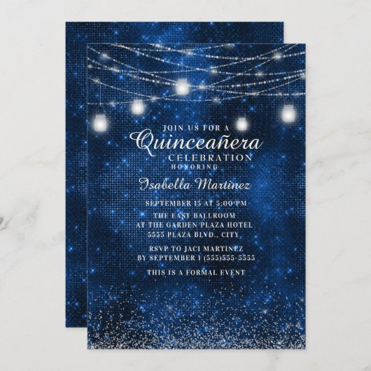 Navy Blue Silver Glitter String Light Quinceañera Kaart (Voorkant / Achterkant)
