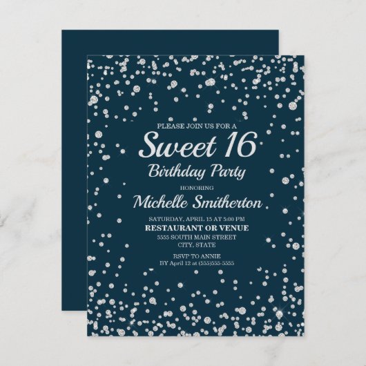 Navy Blue Silver Glitter Sweet 16 Birthday Kaart (Voorkant / Achterkant)