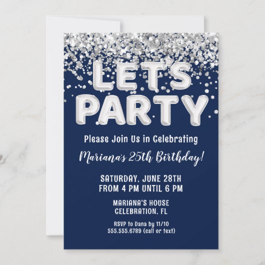 Navy Blue Silver Glitter Verjaardagsfeest Kaart (Voorkant)