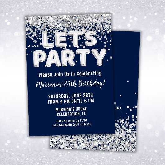Navy Blue Silver Glitter Verjaardagsfeest Kaart