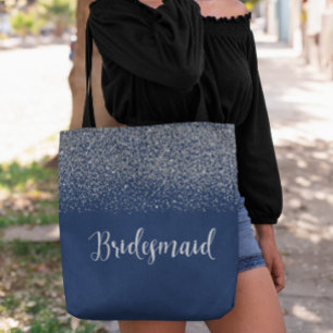 Navy Blue Silver Glitter Weddenschap Bridesmaid Tote Bag