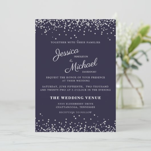 Navy Blue Silver Glitter Wedding and Details Kaart (Staand voorkant)