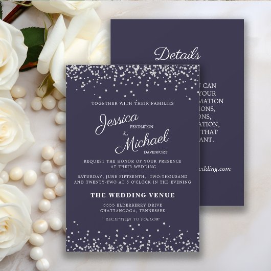 Navy Blue Silver Glitter Wedding and Details Kaart