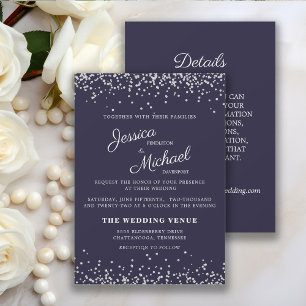 Navy Blue Silver Glitter Wedding and Details Kaart
