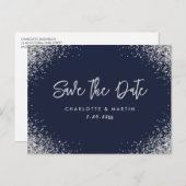 Navy Blue Silver Glitter Wedding Save the Date Aankondigingskaart (Voorkant / Achterkant)
