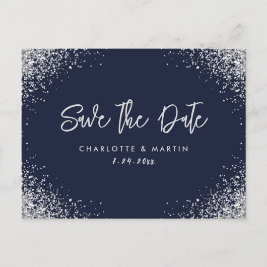 Navy Blue Silver Glitter Wedding Save the Date Aankondigingskaart (Voorkant)