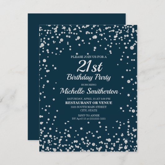 Navy Blue Silver Glitter Women 21st Birthday Kaart (Voorkant / Achterkant)
