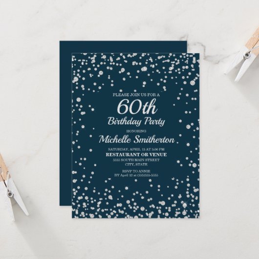 Navy Blue Silver Glitter Women 60th Birthday Kaart (Voorkant / Achterkant in situ)