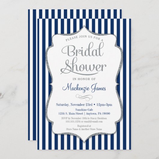 Navy Blue Silver Grey Bridal Shower Kaart (Voorkant / Achterkant)