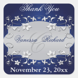 Navy Blue Silver Grey Floral bruiloft gunst Sticke Vierkante Sticker