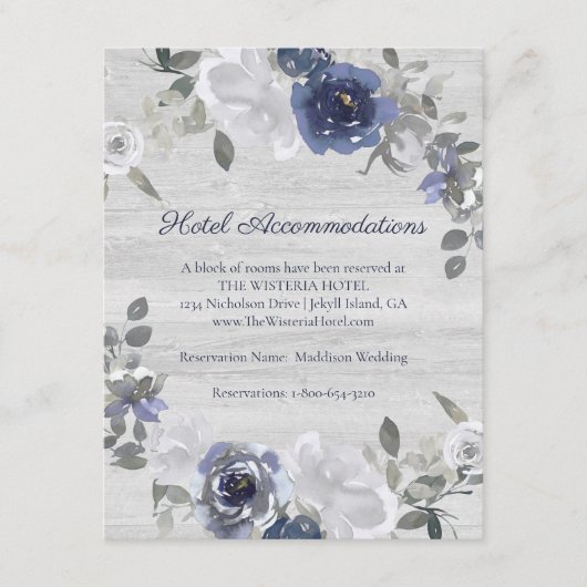 Navy Blue Silver Grey Floral Hotel Accommodaties Informatiekaartje (Voorkant)