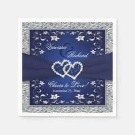Navy Blue, Silver Grey Floral Paper Wedding Napkin Servet