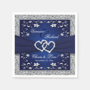 Navy Blue, Silver Grey Floral Paper Wedding Napkin Servet