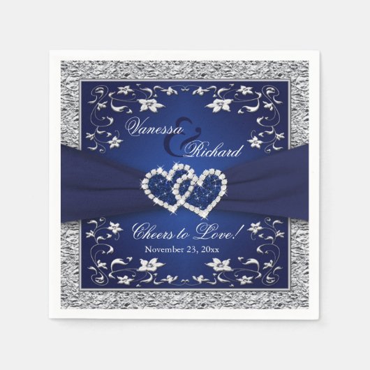 Navy Blue, Silver Grey Floral Paper Wedding Napkin Servet (Voorkant)