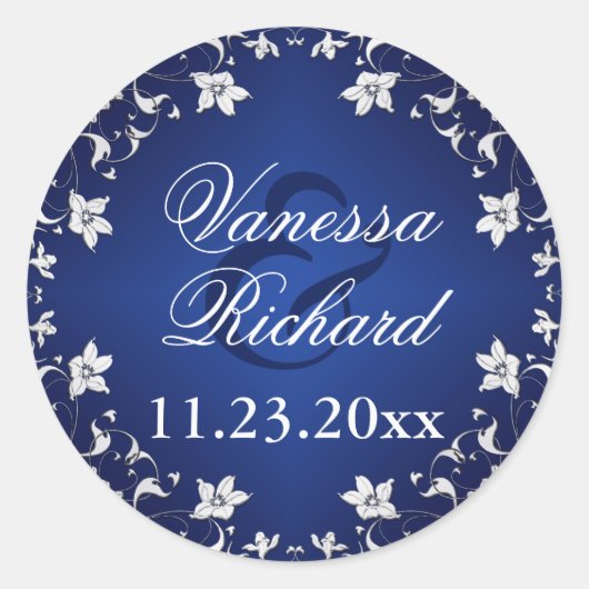 Navy Blue, Silver Grey Floral Wedding Sticker (Voorkant)