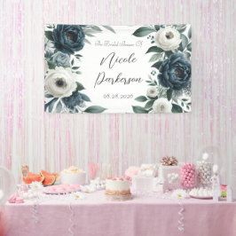 Navy Blue & Silver Ivory Floral Vrijgezellenfeest Spandoek