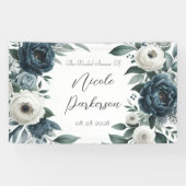 Navy Blue & Silver Ivory Floral Vrijgezellenfeest Spandoek (Horizontaal)