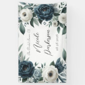 Navy Blue & Silver Ivory Floral Vrijgezellenfeest Spandoek (Verticaal)
