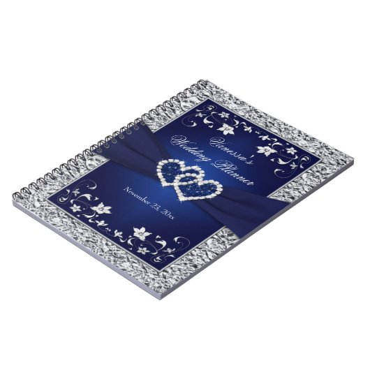 Navy Blue, Silver Joined Hearts Floral notebook Notitieboek (Linkerzijde)