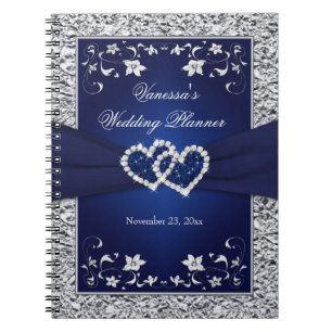 Navy Blue, Silver Joined Hearts Floral notebook Notitieboek