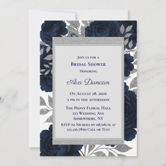 Navy Blue & Silver Leaves Bridal Shower Kaart (Voorkant)
