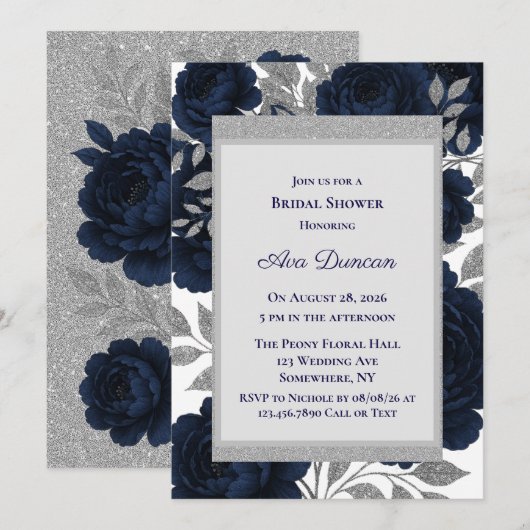 Navy Blue & Silver Leaves Bridal Shower Kaart (Voorkant / Achterkant)