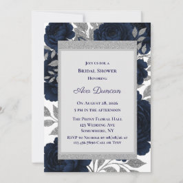 Navy Blue & Silver Leaves Bridal Shower Kaart
