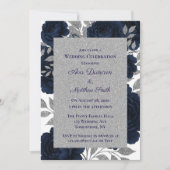 Navy Blue & Silver Leaves Wedding Celebration Kaart (Voorkant)