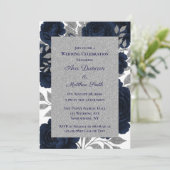 Navy Blue & Silver Leaves Wedding Celebration Kaart (Staand voorkant)