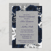 Navy Blue & Silver Leaves Wedding Celebration Kaart (Voorkant / Achterkant)