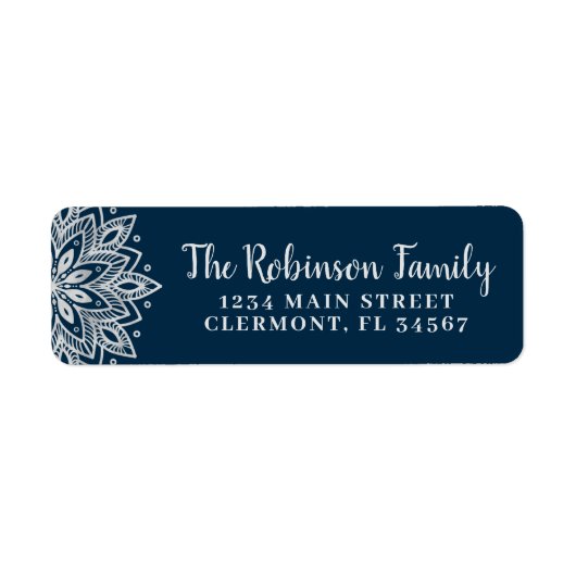 Navy Blue Silver Mandala Snowflake Etiket (Voorkant)