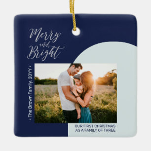 Navy Blue & Silver Modern Fotokerstfamilie Keramisch Ornament