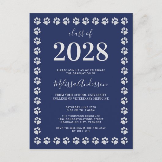 Navy Blue Silver Paw Afstuderen Uitnodiging Briefkaart (Voorkant)