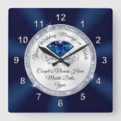 Navy Blue, Silver Personalized Wedding Clock Vierkante Klok (Voorkant)