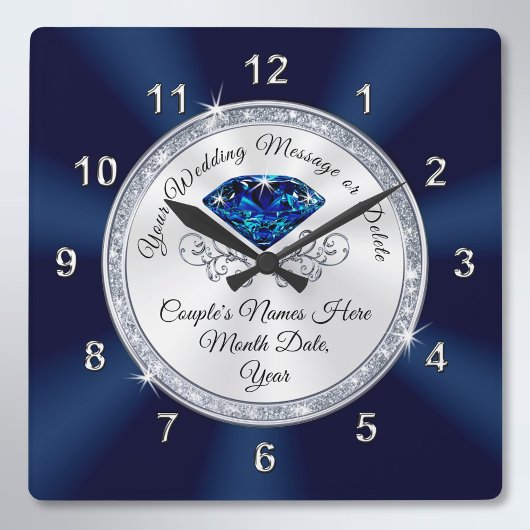 Navy Blue, Silver Personalized Wedding Clock Vierkante Klok