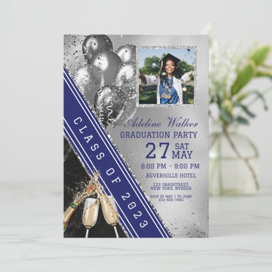 Navy Blue Silver Photo Graduparty Invitation Kaart (Staand voorkant)