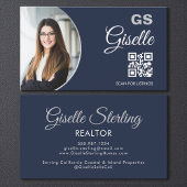 Navy Blue Silver Photo Monogram Realtor QR Code  Visitekaartje
