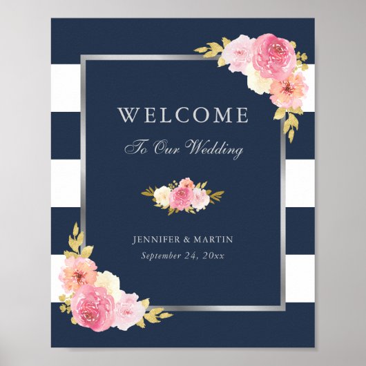 Navy Blue Silver Pink Floral Wedal Welcome Sign Poster (Voorkant)
